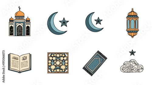 Flat lay of various Islamic icons and symbols including a mosque, crescent moons, stars, lantern, Quran, and decorative tiles on a white background with a mix of blue, orange, and yellow