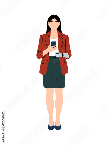 Full-body flat vector of a disabled professional woman with prosthetic arm, holding a smartphone. Modern, inclusive, and minimalist illustration isolated on transparent background.