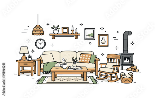 Rustic vintage interior. Cozy living room with wooden furniture, soft textiles, and warm natural tones, calm and nostalgic atmosphere.