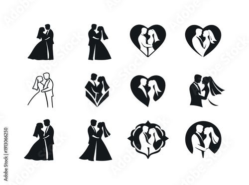    wedding ceremony. Icon set. Set Logo of wedding ceremony: bride and groom silhouettes. harmonious logo variations of the same emblematic