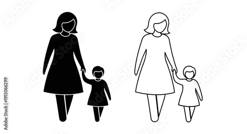 Two mothers holding hands with their children, family love, parenting, bonding, togetherness Vector