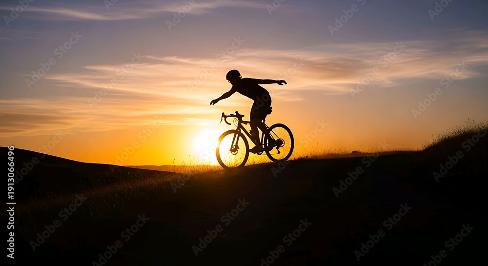 Obraz premium Silhouette of cyclist riding bicycle on hill against bright sunset sky during golden hour. Sport lifestyle concept