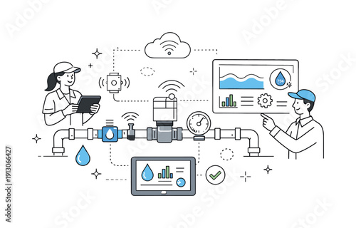 Smart water management. Sensors, pipes, and digital dashboards connected in a simple system, visualizing innovation and efficient water