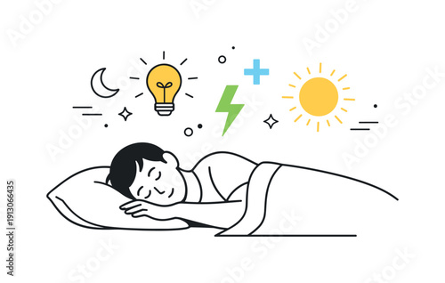The importance of sleep. A figure resting while abstract symbols of energy and clarity gently float above. The mood feels restorative, quiet,