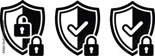 Bold black and white dual-tone security shield icons featuring padlocks and checkmarks for data encryption and cyber protection