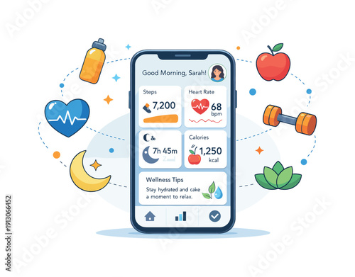 Personalized health and wellness solutions shown as a mobile app dashboard with customizable metrics and gentle health symbols orbiting the