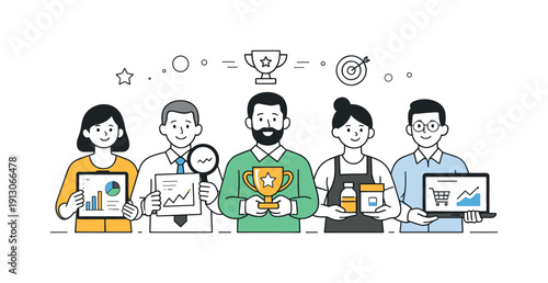 Market competition overview. Several businesses represented by simple characters standing side by side, each holding charts or products. Calm