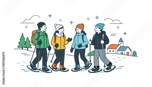   Snowshoe hiking near towns. Group of friends snowshoeing together near the edge of town, relaxed conversation and shared movement, friendly