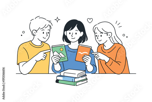 Choosing the next book. People browsing a small stack of books, pointing and comparing covers, relaxed decision-making mood. Calm teamwork