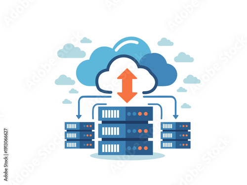 Cloud Computing and Data Upload Concept with Server Rack and Cloud Storage Vector Illustration