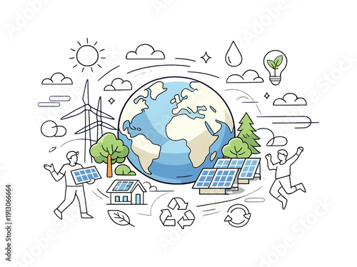   Green future concept: eco planet with renewable energy. The Earth surrounded by trees, wind