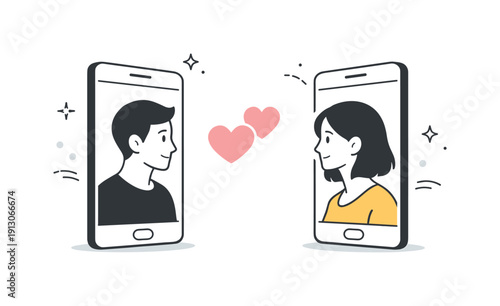 Digital romance and online connection. Abstract avatars facing each other through smartphones with gentle heart symbols. Soft editorial
