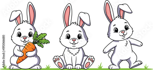 Cute Easter Bunny Cartoon Vector Set with Happy Rabbits, Carrot, Sitting and Walking Poses for Kids Nursery Illustration