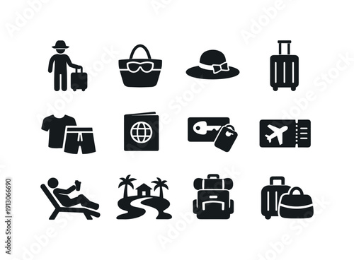 Vacation travel. Solid icon set of vacation travel: tourist with suitcase, beach bag, sun hat icon, rolling luggage, vacation outfit, travel