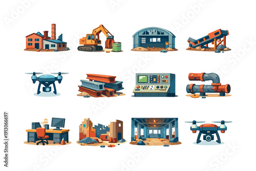 Bright Industrial Icons. Abandoned Industrial Sites. Colorful flat vector icons set of Abandoned Industrial Sites: derelict factory, rusted machinery, empty