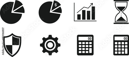 Diverse icons representing data analysis, security, time management, and finance concepts