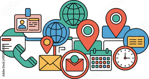 Colorful flat line art composition featuring business contact icons for global communication mail phone location and time management