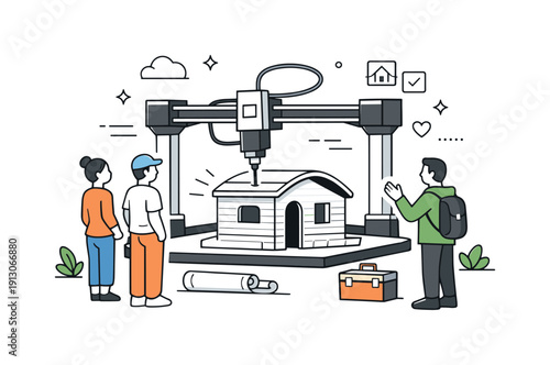 3D-printing architecture for homeless shelters. A large 3D printer carefully constructing a small modular shelter, with calm human figures