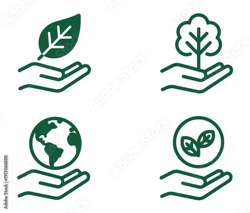 Eco-friendly sustainable development goals vector set, featuring green hand holding leaf, tree, globe, and organic growth symbols on transparent background for environmental conservation projects.