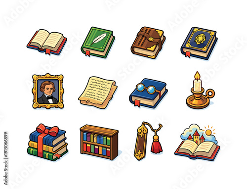   Classic literature. Colorful isometric vector icons set of classic literature: classic novel book, poetry book, leather bound volume, book