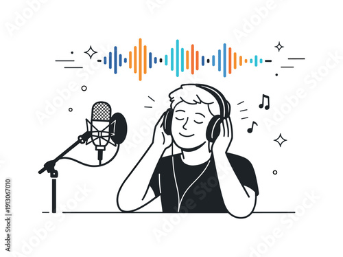 Finished album vocals. Singer listening back to recorded tracks through headphones, feeling satisfied and focused. Quiet achievement moment