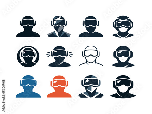 Virtual Reality (VR) Experiences. Icon set. Set Logo of Virtual Reality (VR) Experiences: person wearing VR goggles. harmonious
