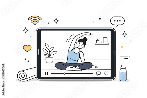 Online workout session. A virtual fitness instructor visible on a tablet screen, guiding a calm exercise routine. The illustration highlights