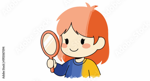 Cute cartoon girl with orange hair holding a mirror, looking at herself with a smile, self-care and confidence concept