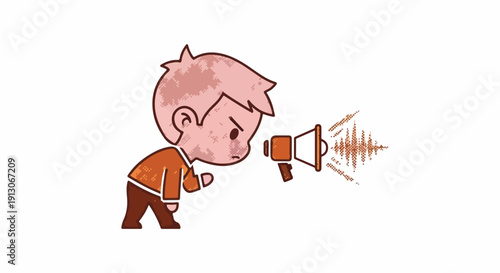 Frustrated cartoon boy yelling into a megaphone, symbolizing loud communication, protest, or a strong announcement. Isolated vector illustration.