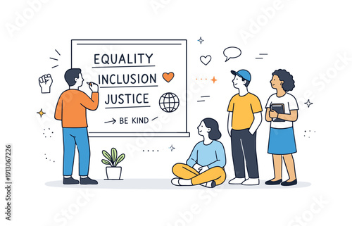 Social justice movements. A person writing messages of fairness and inclusion on a board, with others observing calmly nearby. The
