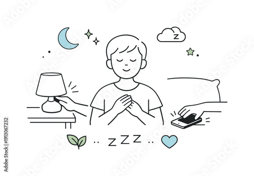 Mindful bedtime routine. A person closing their eyes after turning off a light or placing a phone aside, choosing rest. Quiet, healthy