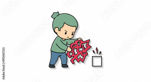 Cute cartoon boy struggling to fit a puzzle piece into a square hole, frustration and difficulty concept