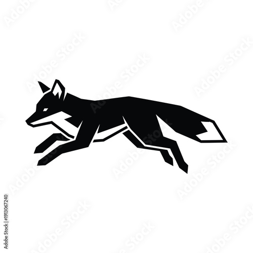 Black silhouette of a running fox with white accents on a plain background symbolizing speed and agility in a minimalist graphic design