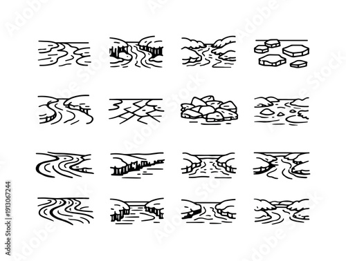   Frozen rivers and streams. Line outline icon set of Frozen rivers and streams: frozen river,
