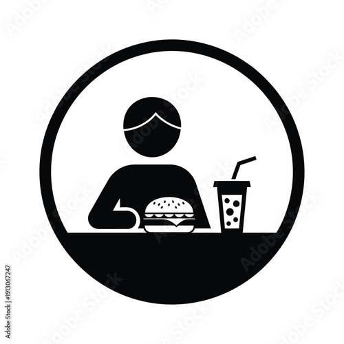 Vector illustration icon person eating a burger and drinking boba tea in a circular frame