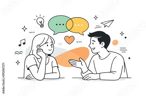 Building stronger connections. A couple or friends listening attentively to each other, calm expressions and soft abstract shapes emphasizing