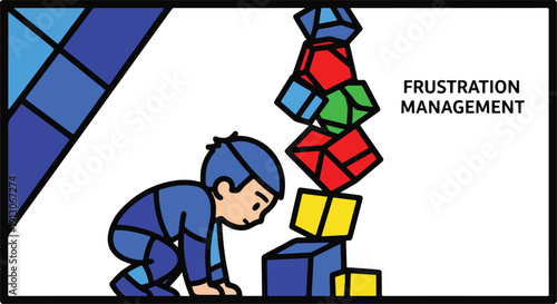 Frustration management concept: Cartoon boy struggles to build a stable tower of falling blocks, illustrating challenges and problem-solving.