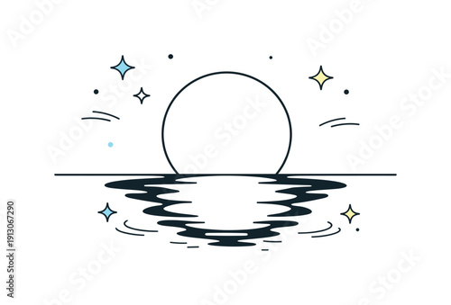 Moonlit Water Reflection. Moonlight and water reflection. A calm editorial scene with the moon reflected on a still lake or sea surface, smooth lines and