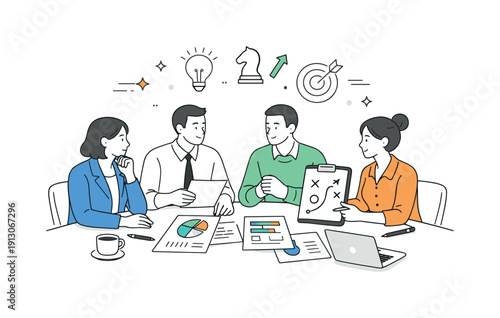 Competitive strategy meeting. Professionals calmly discussing plans around a table with documents and charts. Thoughtful decision-making,