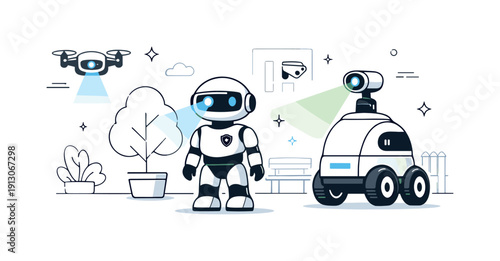 AI security patrols. Autonomous robotic units calmly monitoring a clean urban or facility space, scanning surroundings with soft sensor