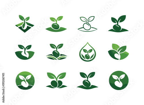 Ecology Logo Icons. Inspirational design with ecology materials. Icon set. Set Logo of Inspirational design with ecology materials: sprouting seed icon.