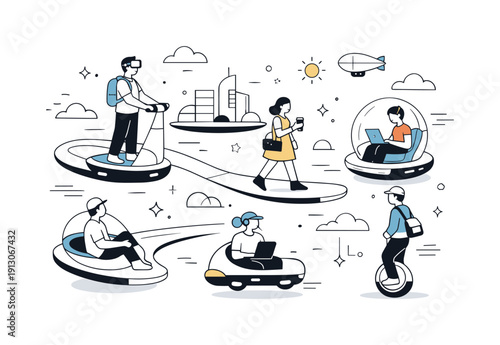 Surrealist visions of future lifestyles. People commuting calmly on floating paths with abstract vehicles and wearable tech. Quiet rhythm of