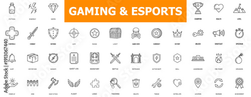 Gaming and Esports Icons Collection Featuring Diverse Symbols for Digital Entertainment and Competitive Play