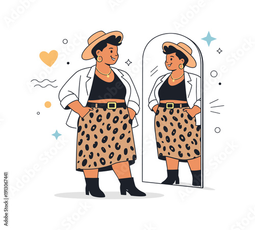 Body positive style. A confident character looking at their reflection while wearing a stylish outfit, with gentle decorative shapes around.