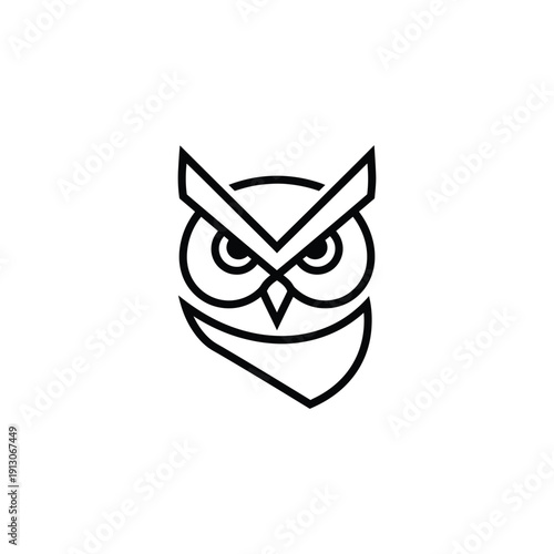 Stylized angry owl face with sharp lines and intense gaze on white background symbolizing wisdom and alertness in a minimalist graphic design