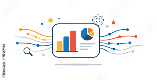   Big data visualization modern analytics scene built around a clean dashboard icon with bars and dots flowing outward, conveying data flow,