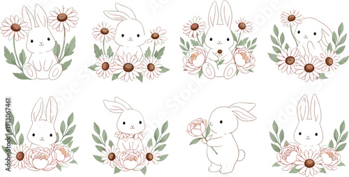 Cute Floral Bunny Vector Set with Hand Drawn Rabbits, Spring Flowers, Pastel Botanical Wreaths and Whimsical Nursery Illustration Elements