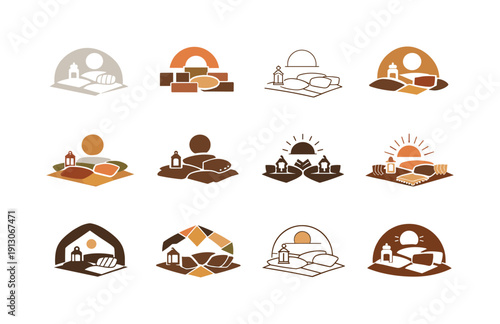    boho picnic aesthetics. Icon set. Set Logo of boho picnic aesthetics: floor cushions arrangement. harmonious logo variations of the same