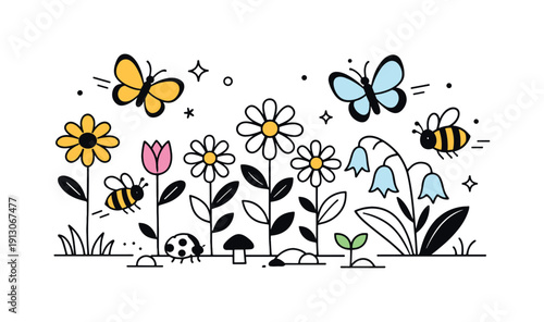 Backyard biodiversity. Flowers, bees, and butterflies arranged harmoniously in a garden scene, no people present. Lively ecosystem, calm