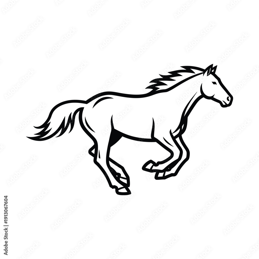 Fototapeta premium Black and white horse illustration running freely with flowing mane and tail on plain background